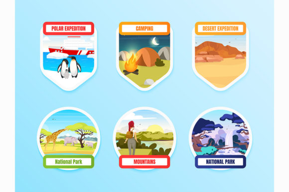 Expedition Flat Color Vector Badge Set: Graphics for Print Templates